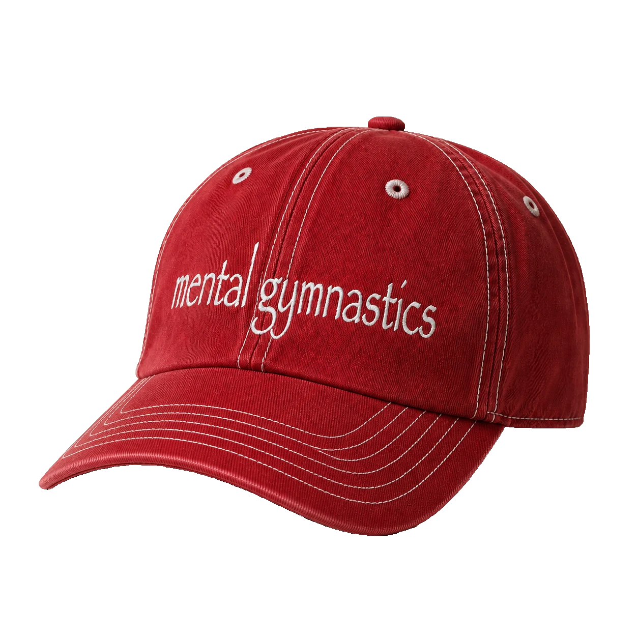 Red Mental Gymnastics cap with white lettering and contrast stitching.